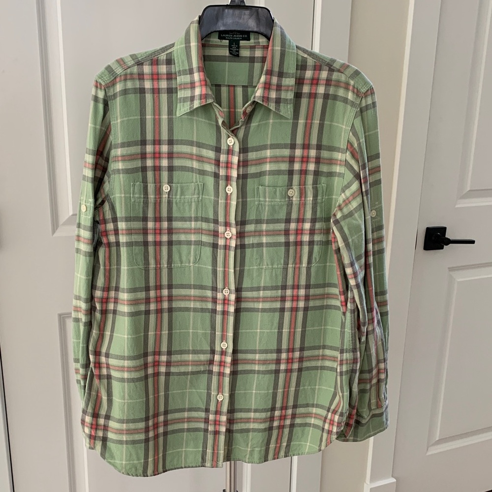 Ralph Lauren 100% Cotton Olive and Burgundy Plaid Shirt